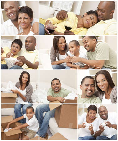 Attractive African American family and couple mother, father, son, man and woman at home having fun relaxing, eating, sitting, smiling, drinking wine, unpacking or packing boxesの写真素材