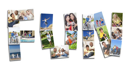 Active people men women and children playing laughing and having fun in summer and winter. Running, swimming, cycling, jumping and being active, the montage spells the word FUNの写真素材