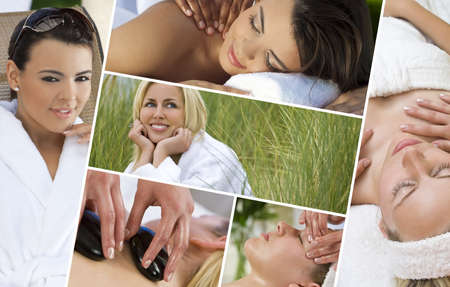 Montage of young beautiful women blond and hispanic relaxing at a health spa having massage and hot stone treatmentsの写真素材
