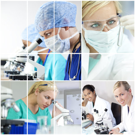A team of female medical research scientists young women in a science laboratory, with microscopes...