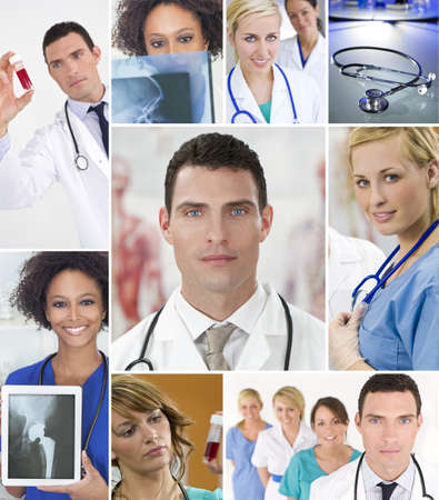 Montage of an interracial successful medical team of nurses and dotors, men and women in a hospital looking at patients X-rays and blood samplesの写真素材