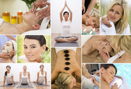 Montage of young beautiful women relaxing, having massage treatments and exercising at a health and beauty spaの写真素材