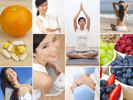 Montage of an Asian Chinese woman girl working out at a gym active on a beach, enjoying a healthy lifestyle and eating fresh fruit and vitamin tabletsの写真素材