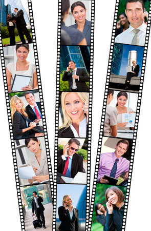 Filmstrip style montage of successful business men and women using mobile cell phone, laptop & tablet computers, in modern city doing business deals in meetings and using wireless technologyの写真素材