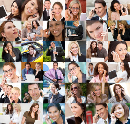 Montage of an interracial business men women businesmen businesswomen network of people using mobile cell phones laptop & tablet computer wireless communication technologyの写真素材