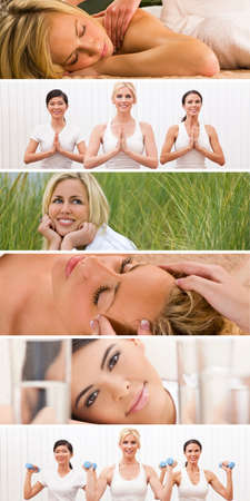 Montage of beautiful women enjoying a healthy lifestyle at the gym and health spa, yoga exercising and enjoying relaxing massage treatments  の写真素材