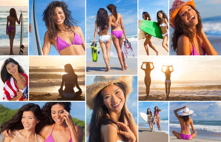 Montage of beautiful women girls at the beach surfing, surfers on vacation enjoying waves and sunrise or sunset, holding their surfboards in the summer sunの写真素材