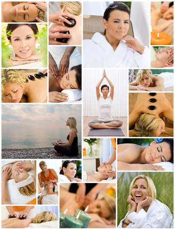 Montage of beautiful interracial women, woman relaxing at a health spa, enjoying head and back massages, hot stone treatments and practicing yoga on the beach and in a gym.の写真素材