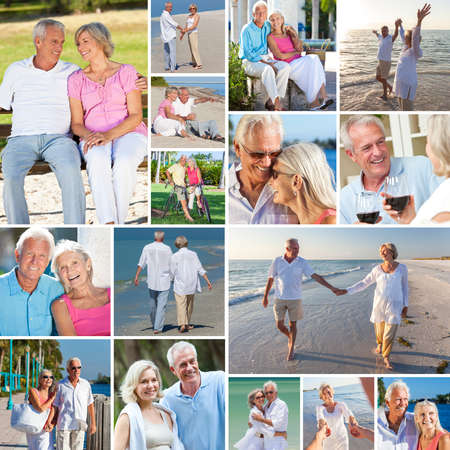 Montage of happy old senior man woman couples people enjoying an active retirement lifestyle on the beach, walking by a river or lake, drinking wine and cycling の写真素材