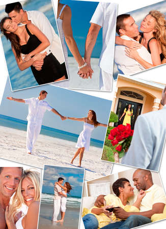 Montage of happy, romantic, interracial mixed race couples enjoying a relaxing lifestyle, at the beach embracing, holding hands, drinking wine at home in love.の写真素材