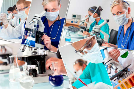 Montage of interracial medical people, men, women, doctors, nurses, research team in hospital laboratory analyzing samples and solutionsの写真素材