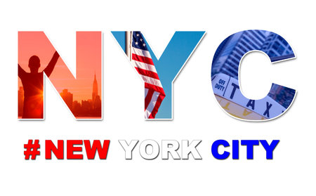 New York City America travel & tourist montage, The Empire State Building, skyline, yellow taxi cab, stars and stripes flag, hashtag and NYC の写真素材
