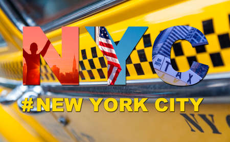 New York City America travel & tourist montage, The Empire State Building, skyline, yellow taxi cab, stars and stripes flag, hashtag and NYC の写真素材