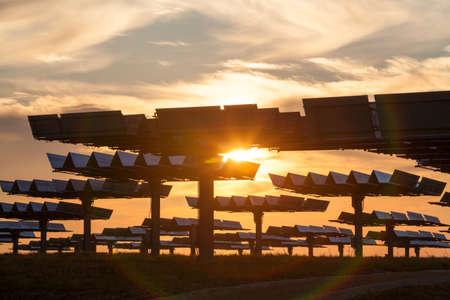 A field of photovoltaic solar panels providing alternative green energy at sunrise or sunsetの写真素材