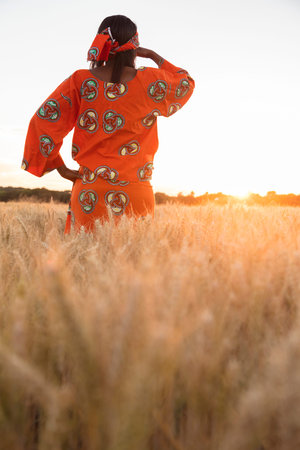 African woman in traditional clothes standing looking across field of barley or wheat crops at sunset or sunriseの写真素材
