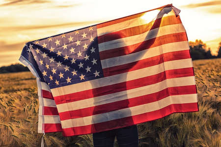 Silhouette of African American girl teenager female young woman in field of wheat or barley crops holding USA stars and stripes flag in golden sunset evening sunshineの写真素材