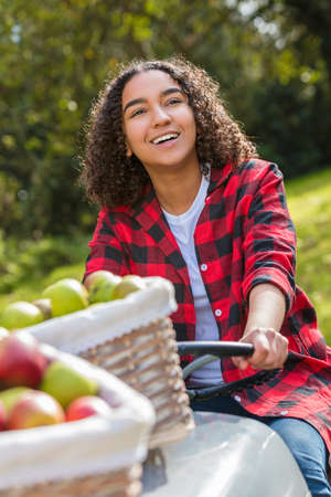 Beautiful happy mixed race African American girl teenager female young woman smiling with perfect teeth in an orchard driving a tractor with baskets of organic apples she has been pickingの写真素材
