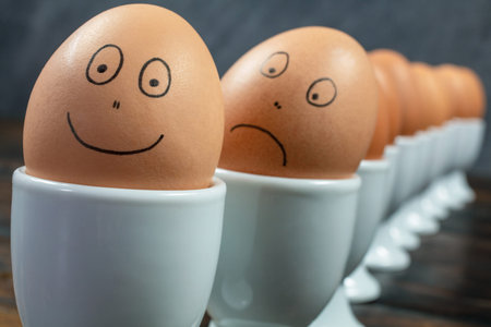 Concept waiting queue or line up of ten boiled eggs in white egg cups with drawn happy and sad faces on a wooden tableの写真素材