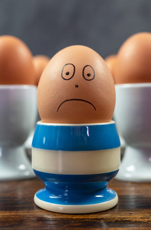 Sad emotion depression concept one individual boiled egg frowning in different blue striped egg cup...