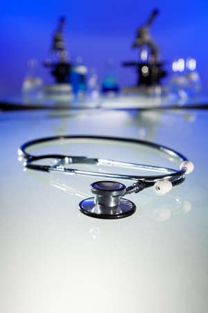 Stethoscope, microscopes and medical equipment in a medical research lab or laboratoryの写真素材