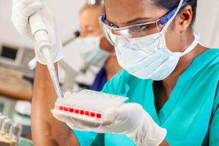 Female Indian Asian woman scientist or doctor using a pipette and sample tray for blood test in a medical research lab or laboratoryの写真素材