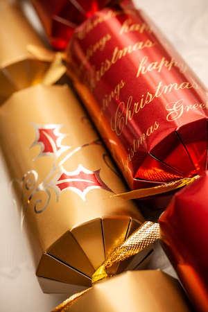 Macro close up of red and gold Christmas crackersの写真素材