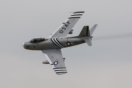 NORTH AMERICAN F-86A SABRE, ENGLAND, 8 SEPTEMBER 2007, Air to Air Photo of a North American F-86 Sabre or Sabrejet fighter jet airplane flying over the United Kingdomのeditorial素材