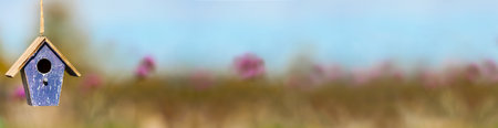 Panorama birdhouse or bird box in autumn, fall, summer or spring sunshine with natural countryside flowers in the background panoramic web bannerの写真素材