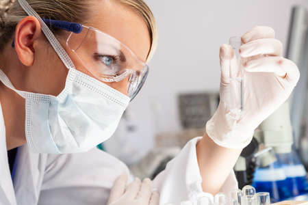 Female medical or scientific researcher, woman scientist or doctor working looking at a test tube of clear solution in a lab or laboratory の写真素材