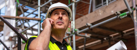 Panorama of male builder foreman, worker or architect on construction site holding building plans and talking on his cell phone panoramic web bannerの写真素材