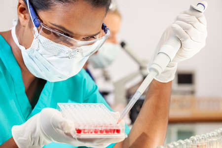 Female Asian medical or scientific researcher or doctor wearing face mask with sample tray of blood samples in a laboratory with her blond female colleague out of focus behind her.の写真素材