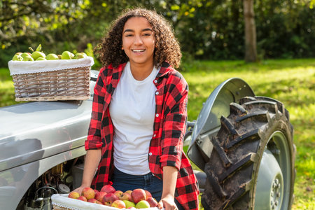 Beautiful happy mixed race African American girl teenager female young woman smiling with perfect teeth in an orchard with a tractor and baskets of organic apples she has been pickingの写真素材