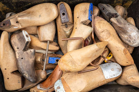 Vintage retro Antique Wooden Cobbler's Shoe Lasts and Stretchers. Shoe repair concept.の写真素材