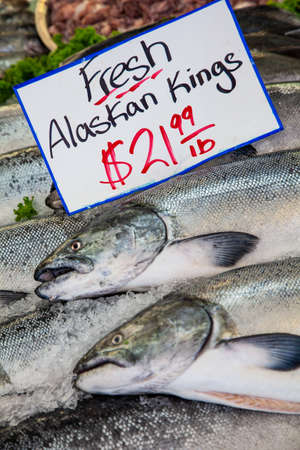 Fresh Alaskan King Salmon for Sale in Fishmongersの写真素材