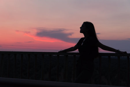 beautiful young brunette girl posing a road in the middle of the field at sunset, silhouetteの写真素材