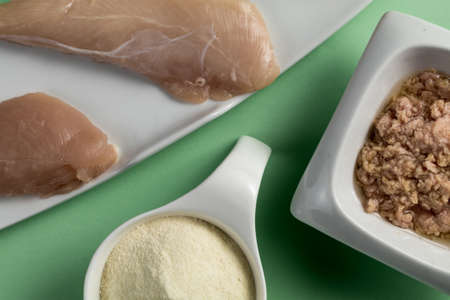 Raw chicken Breasts, tuna in oil and a whey protein scoop vanilla flavor. Sport nutrition. Top viewの写真素材