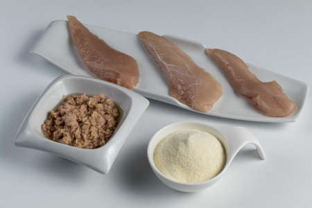 Sports bodybuilding supplement. White porcelain scoop with whey protein vanilla flavor powder, raw chicken breasts and tuna in oilの写真素材