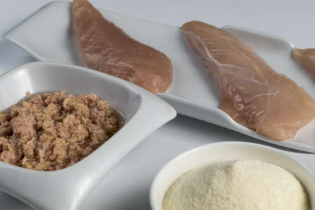 Sports bodybuilding supplement. White porcelain scoop with whey protein vanilla flavor powder, raw chicken breasts and tuna in oilの写真素材