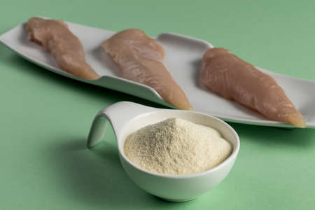 Sports bodybuilding supplement. White porcelain scoop with vanilla flavor powder and raw chicken breasts.の写真素材