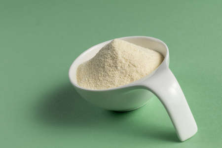 Whey protein powder sports bodybuilding supplement. White porcelain scoop with vanilla flavor powder. Solid color: greenの写真素材