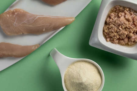Sports bodybuilding supplement. White porcelain scoop with whey protein vanilla flavor powder, raw chicken breasts and tuna in oilの写真素材