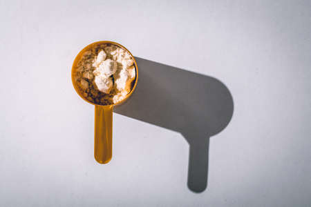 Scoops filled with protein vanilla powders on white background. top view with copy space for text. Sun lightの写真素材