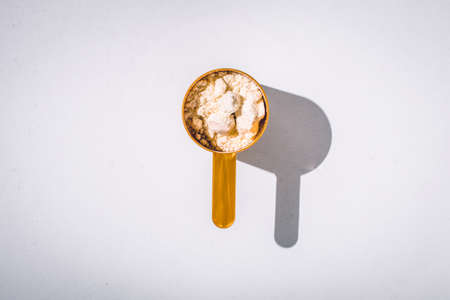 Scoops filled with protein vanilla powders on white background. top view with copy space for text. Sun lightの写真素材