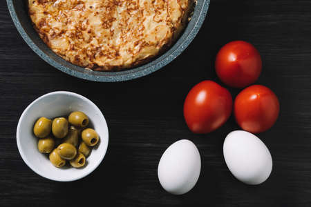 spanish omelette and olives on restaurantの写真素材