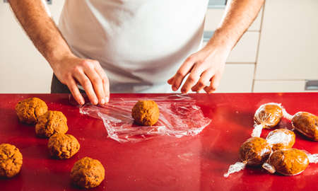 Process cooking homemade seitan. How to make vegan meatの写真素材