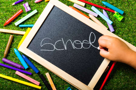 top view, school accessories on green grass. Back to school conceptの写真素材