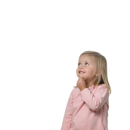 Portrait of a blonde little girl pensive on the white backgroundの写真素材