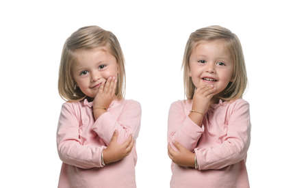 Sequence of images of a pretty girl with different gestures isolatedの写真素材