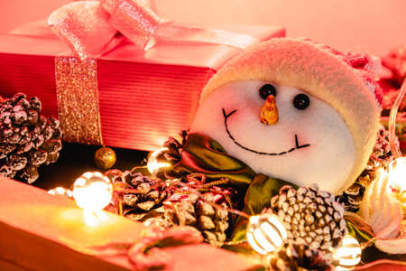 Christmas teddy with Christmas decoration and lightsの写真素材