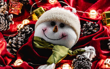 Christmas decoration, teddy and lights on red velvetの写真素材